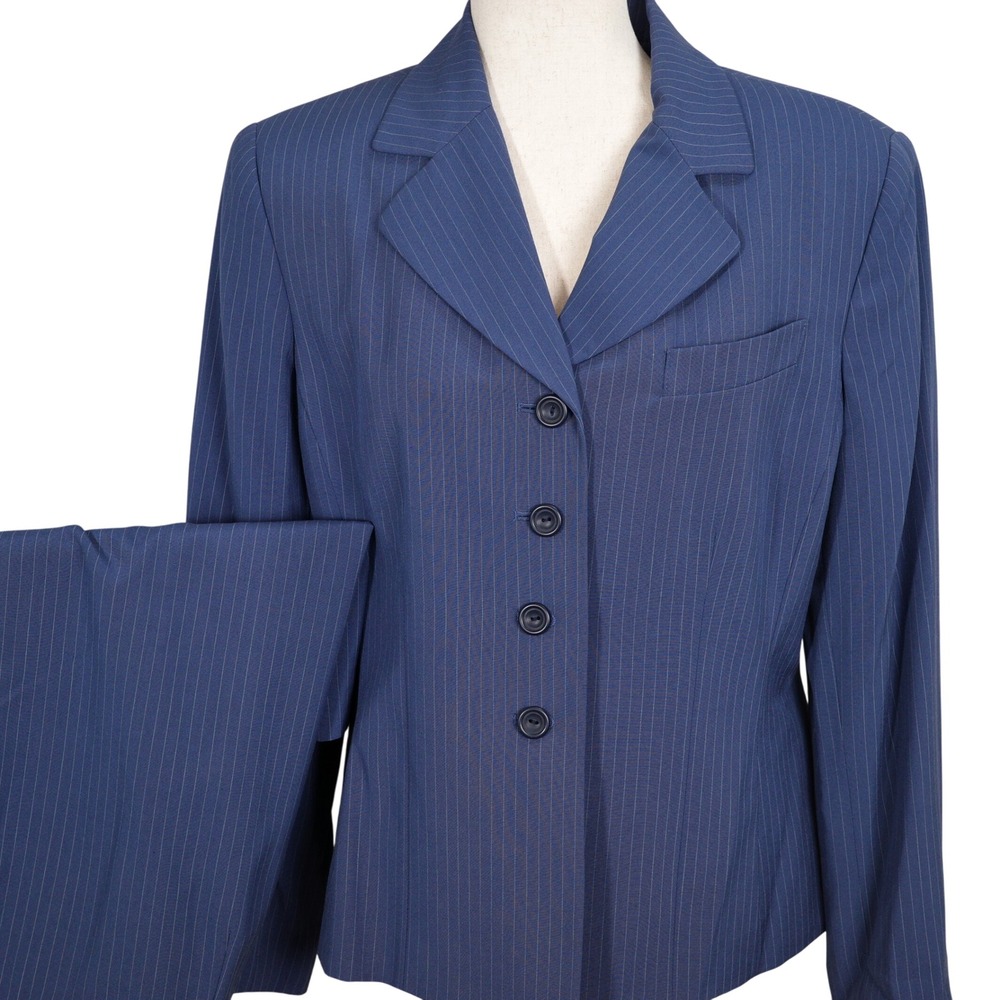 Kasper ASL Skirt Suit Women 12P Blue Pinstripe Career‎ Classic 4 Button Retro